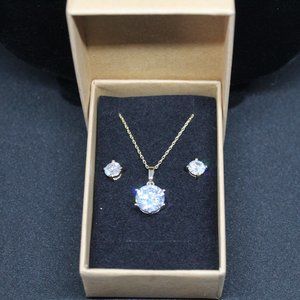 CZ Diamond Pendant and earrings on Gold Chain